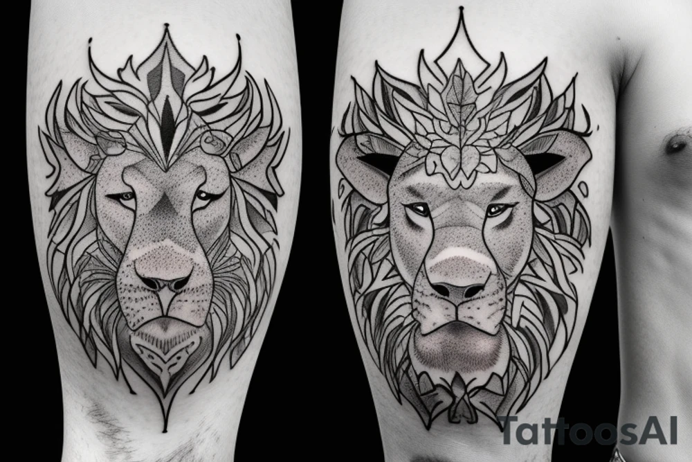 A bull and a lion walking along together outline tattoo tattoo idea