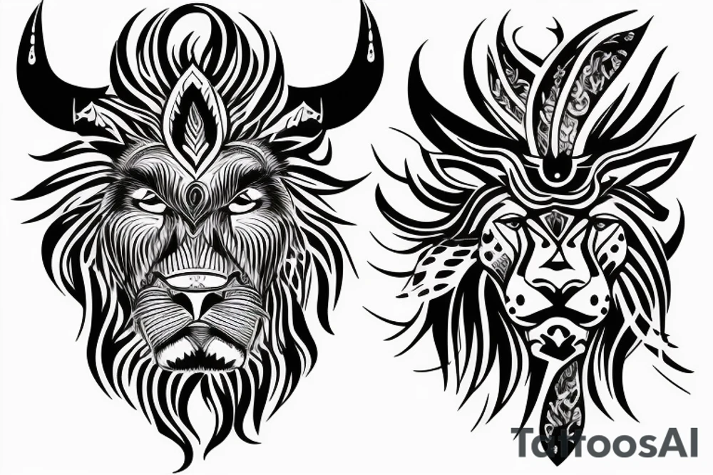 A bull and a lion walking along together outline tattoo tattoo idea