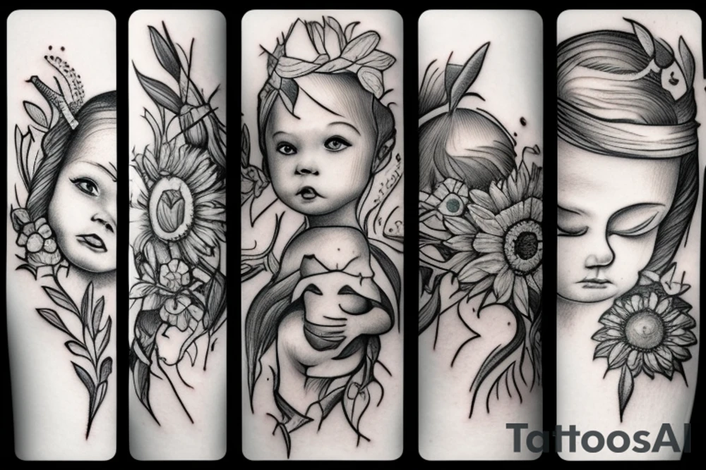 Baby Cupid with sunflowers and butterflies tattoo idea