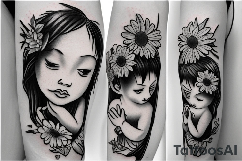 Baby Cupid with sunflowers and butterflies tattoo idea
