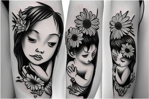 Baby Cupid with sunflowers and butterflies tattoo idea