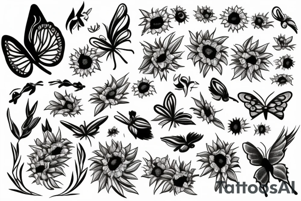 Cupid with sunflowers and butterflies tattoo idea