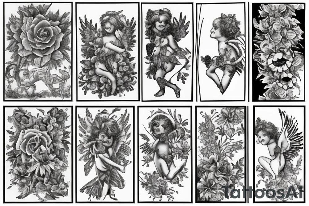 Cupid with sunflowers and butterflies tattoo idea