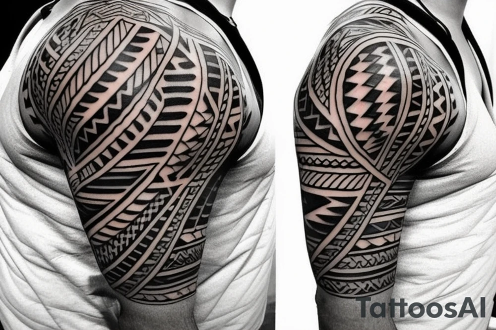 Tribal band tattoo with three layers. Layer one = polynesian shark teeth
Layer two = Mountains turning into waves
layer three = tribal spear heads tattoo idea