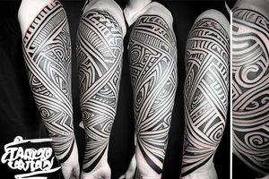 band tattoo with three layers. Layer one = polynesian shark teeth
Layer two = Mountains turning into waves
layer three = tribal spear heads tattoo idea
