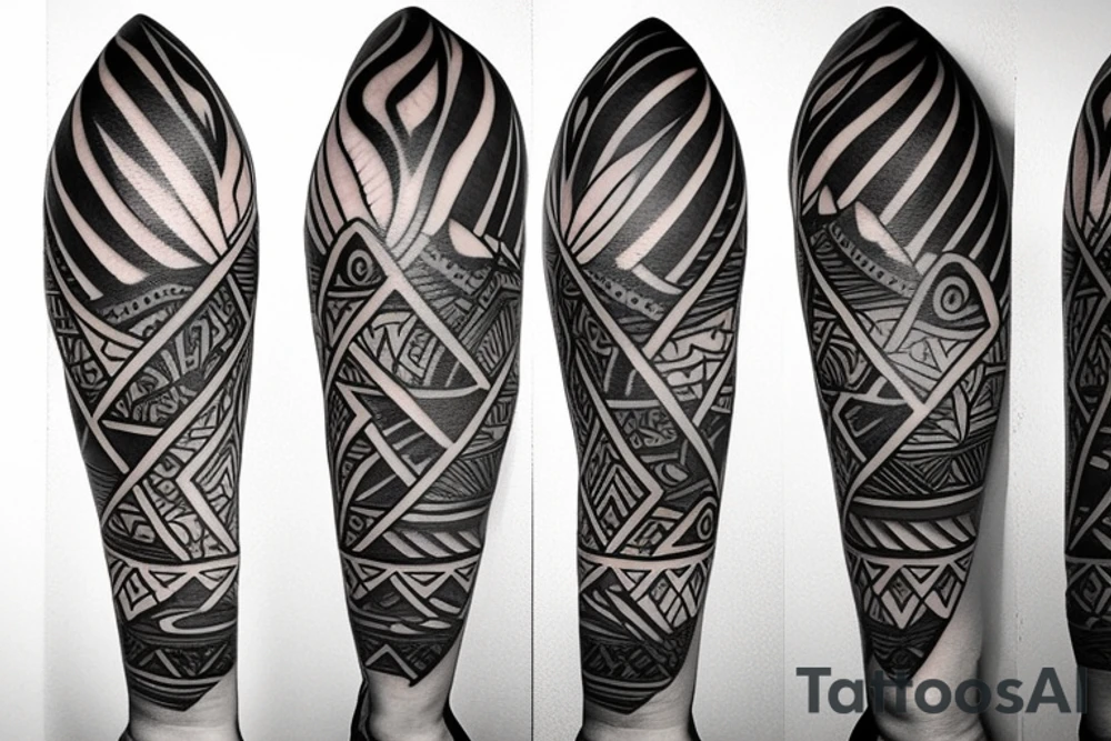 band tattoo with three layers. Layer one = polynesian shark teeth
Layer two = Mountains turning into waves
layer three = tribal spear heads tattoo idea