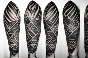 band tattoo with three layers. Layer one = polynesian shark teeth
Layer two = Mountains turning into waves
layer three = tribal spear heads tattoo idea