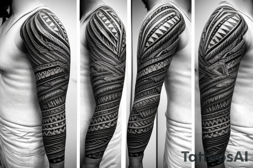 single forearm band tattoo

three layers. 
Layer one = polynesian shark teeth
Layer two = Mountains turning into waves
layer three = tribal spear heads tattoo idea