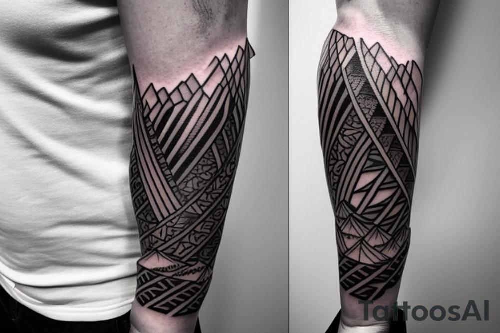 single forearm band tattoo

three layers. 
Layer one = polynesian shark teeth
Layer two = Mountains turning into waves
layer three = tribal spear heads tattoo idea