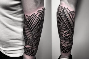 single forearm band tattoo

three layers. 
Layer one = polynesian shark teeth
Layer two = Mountains turning into waves
layer three = tribal spear heads tattoo idea