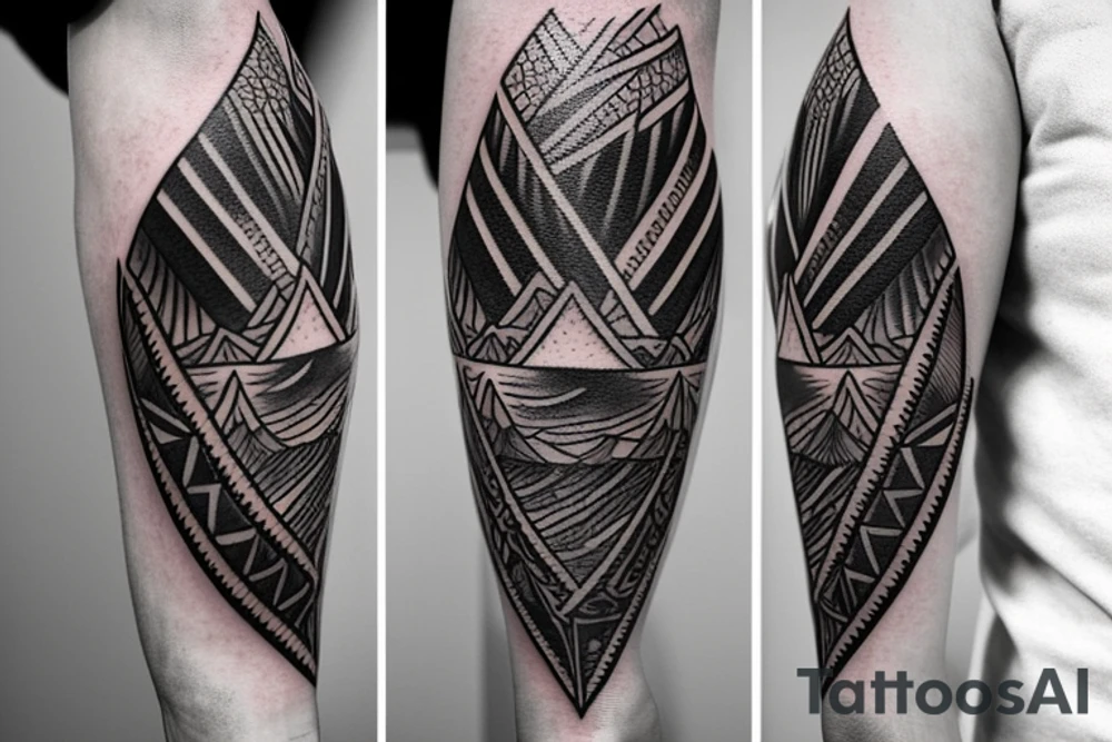 single forearm band tattoo

three layers. 
Layer one = polynesian shark teeth
Layer two = Mountains turning into waves
layer three = tribal spear heads tattoo idea