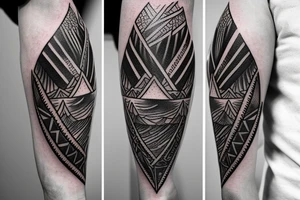 single forearm band tattoo

three layers. 
Layer one = polynesian shark teeth
Layer two = Mountains turning into waves
layer three = tribal spear heads tattoo idea