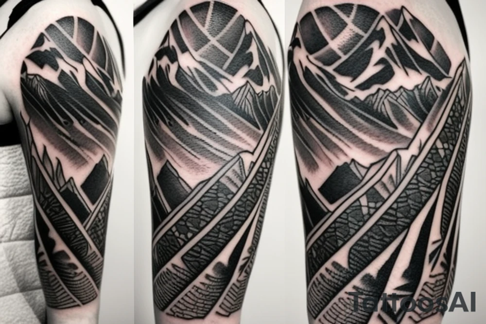 single forearm band tattoo

three layers. 
Layer one = polynesian shark teeth
Layer two = Mountains turning into waves
layer three = tribal spear heads tattoo idea