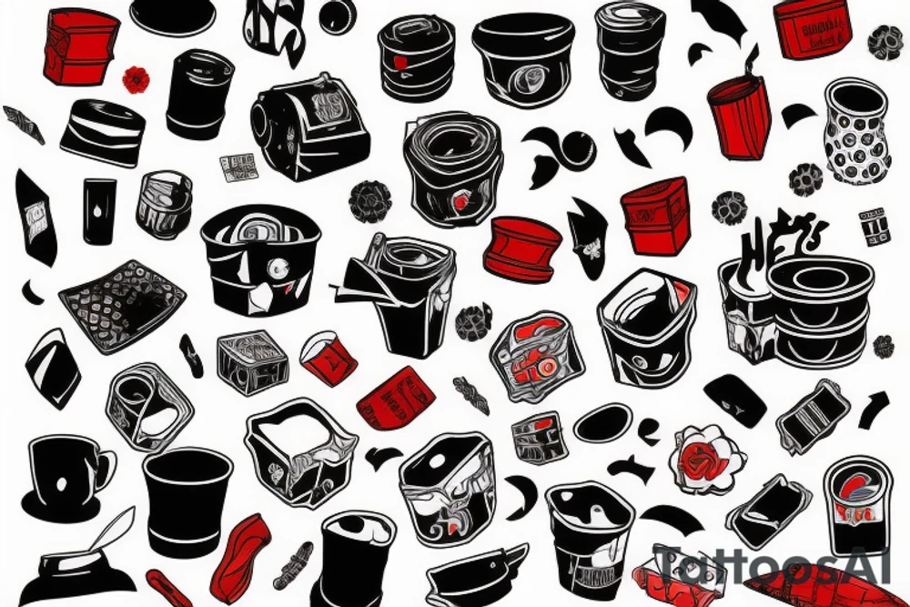 trash polka full sleeve tattoo
black and red tattoo idea