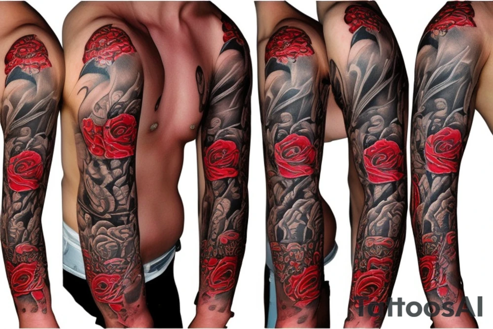 trash polka full sleeve tattoo
black and red tattoo idea