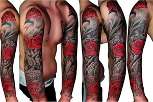 trash polka full sleeve tattoo
black and red tattoo idea
