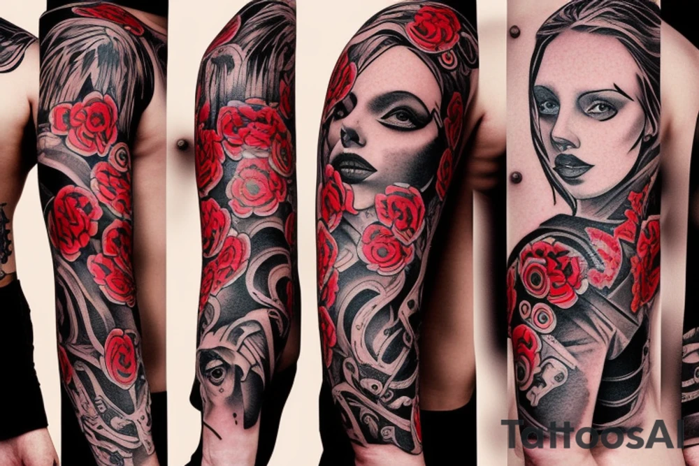 trash polka full sleeve tattoo
black and red tattoo idea