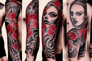 trash polka full sleeve tattoo
black and red tattoo idea