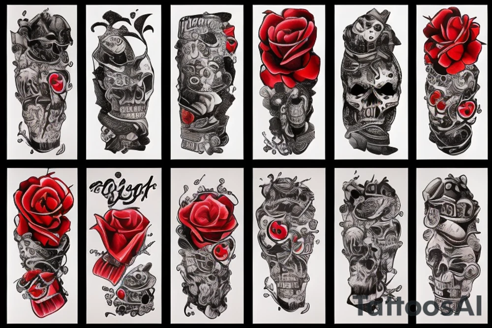 trash polka full sleeve tattoo
black and red tattoo idea