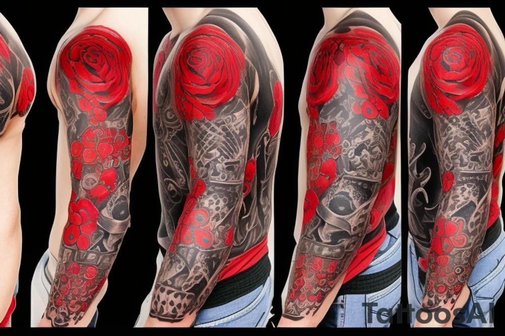 trash polka full sleeve tattoo
black and red tattoo idea