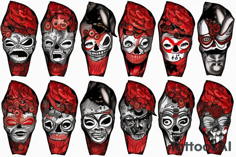 trash polka full sleeve tattoo
black and red tattoo idea