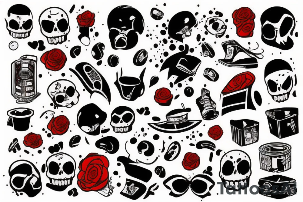 trash polka full sleeve tattoo
black and red tattoo idea