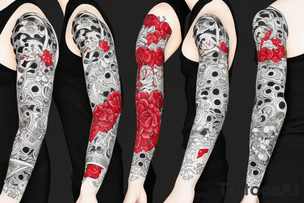 trash polka full sleeve and neck
black and red tattoo idea