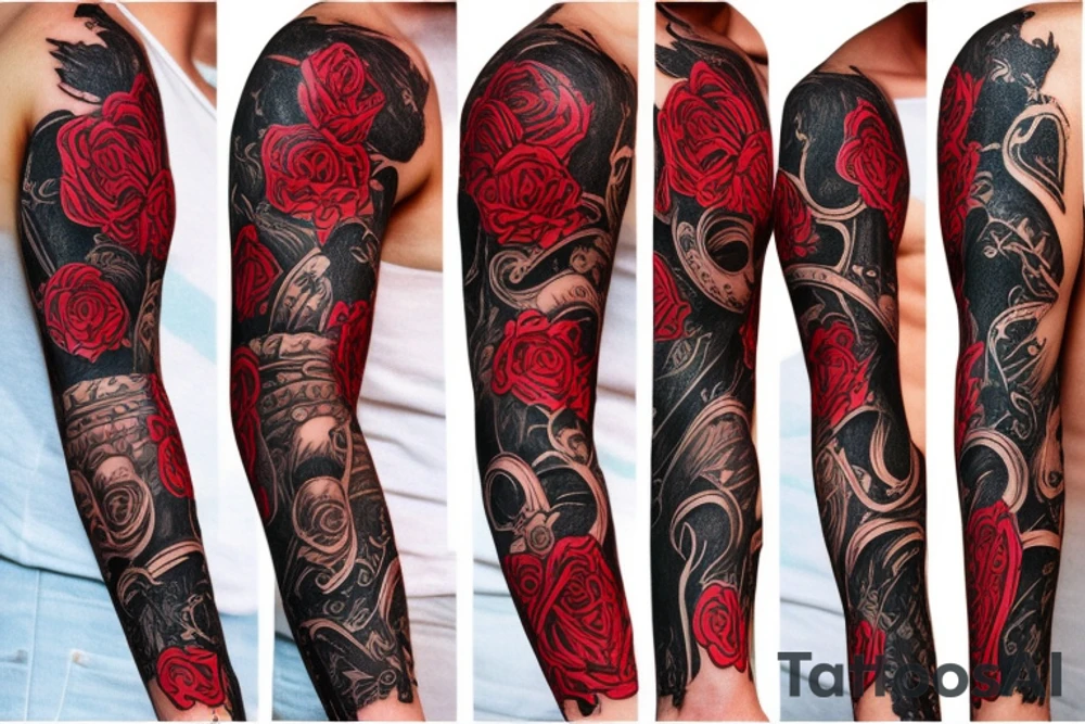 trash polka full sleeve and neck
black and red tattoo idea