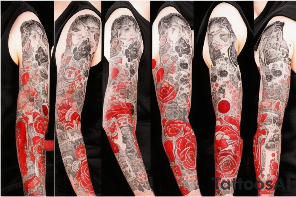 trash polka full sleeve and neck
black and red tattoo idea