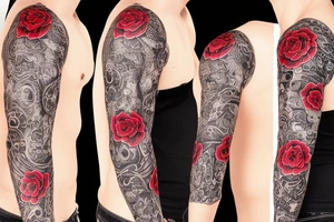 trash polka full sleeve and neck
black and red tattoo idea