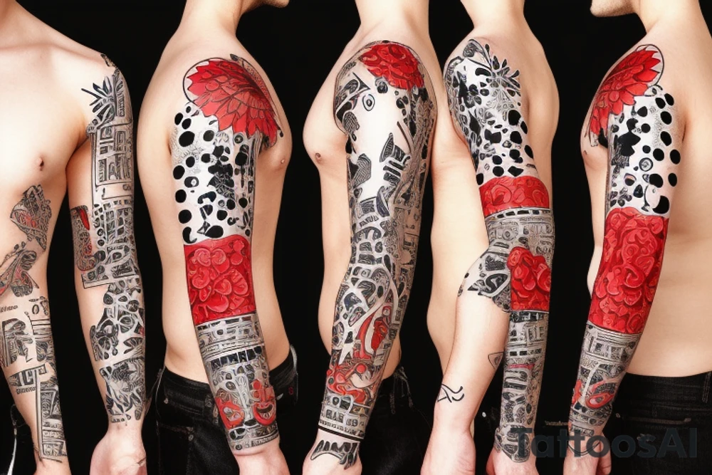 trash polka full sleeve + neck
black and red tattoo idea
