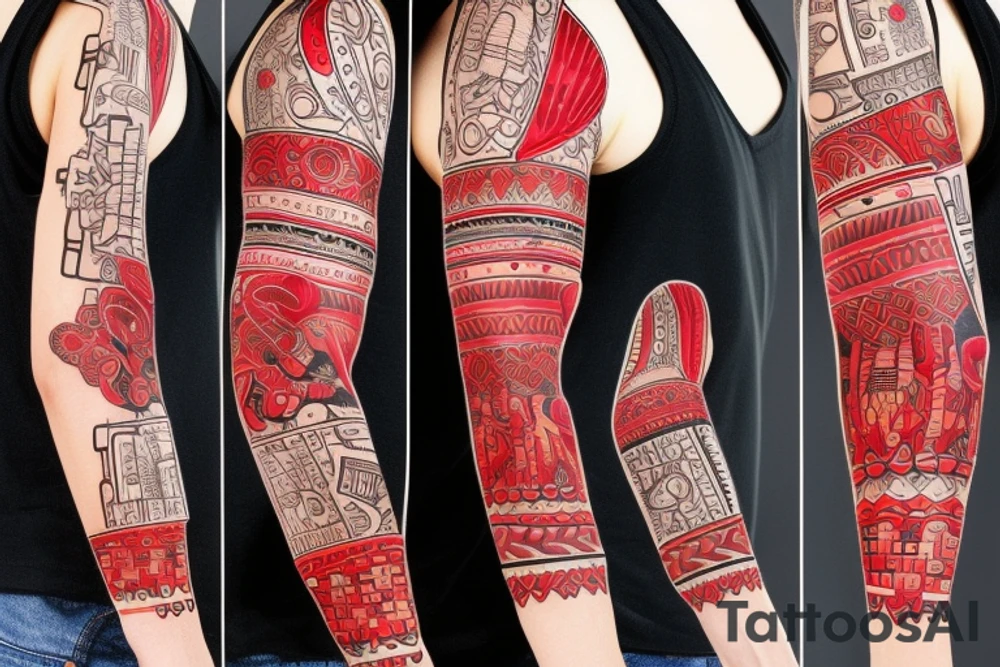trash polka full sleeve + neck
black and red tattoo idea