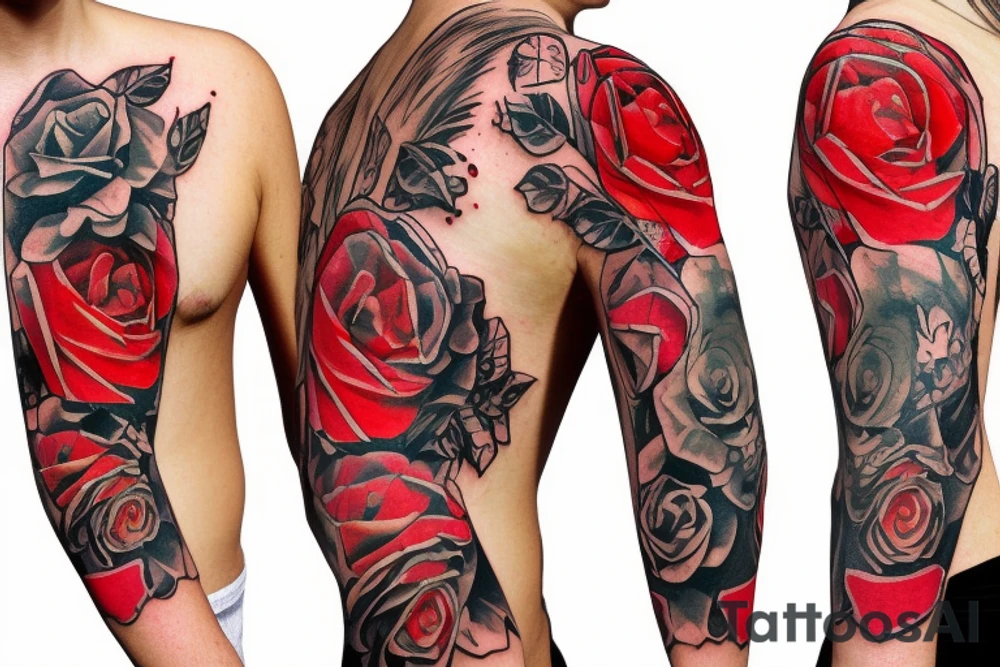 trash polka full sleeve + neck
black and red tattoo idea