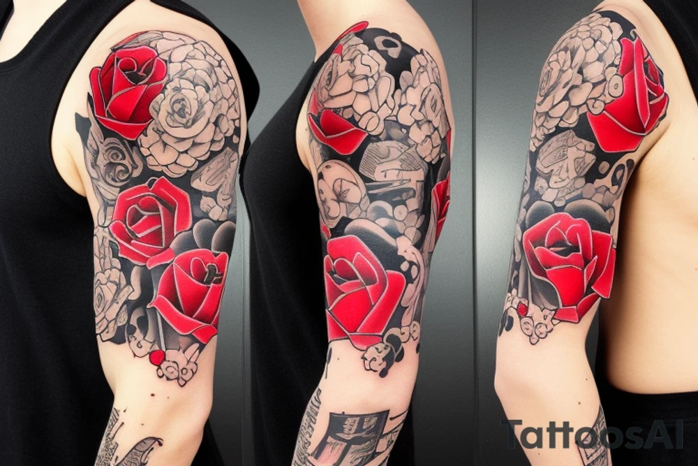 trash polka full sleeve + neck
black and red tattoo idea