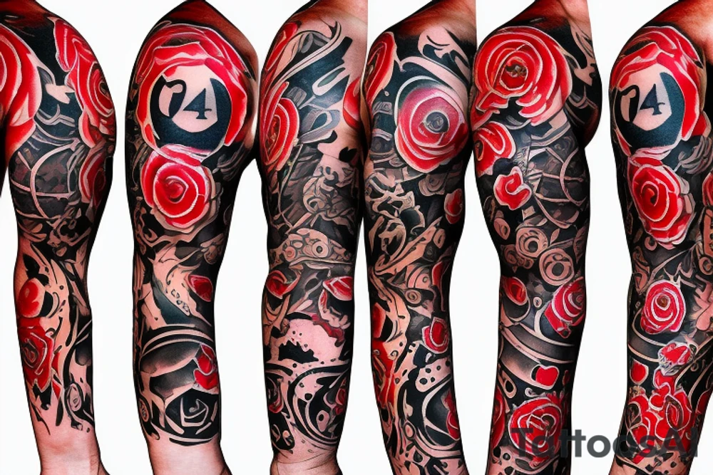 trash polka full sleeve + neck
black and red tattoo idea
