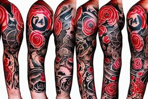 trash polka full sleeve + neck
black and red tattoo idea
