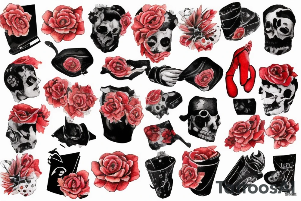 trash polka full sleeve + neck
black and red tattoo idea