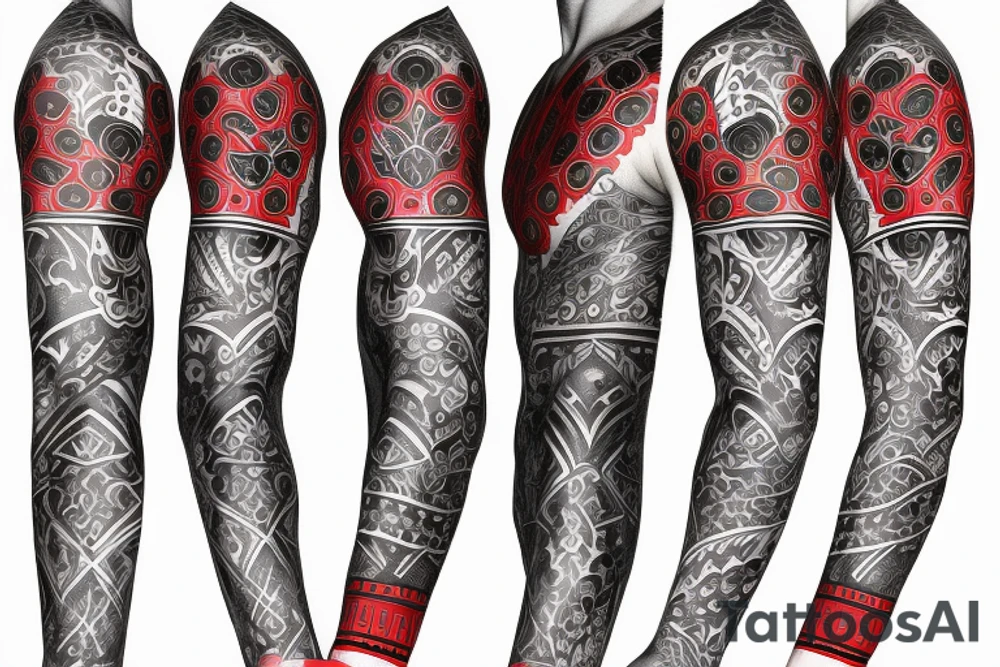 trash polka full sleeve + neck
black and red tattoo idea