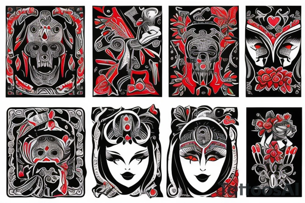 trash polka full sleeve + neck
black and red tattoo idea