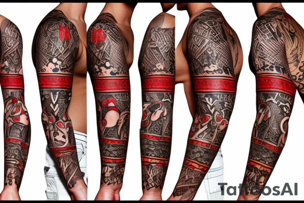 trash polka full sleeve + neck
black and red tattoo idea