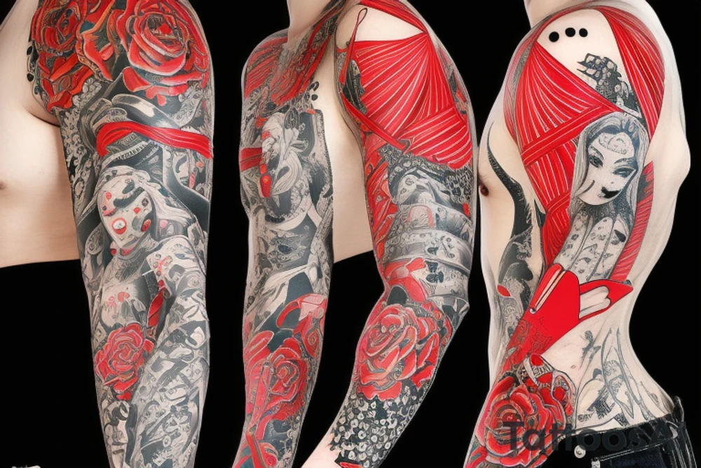 trash polka full sleeve + neck
black and red tattoo idea