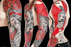 trash polka full sleeve + neck
black and red tattoo idea