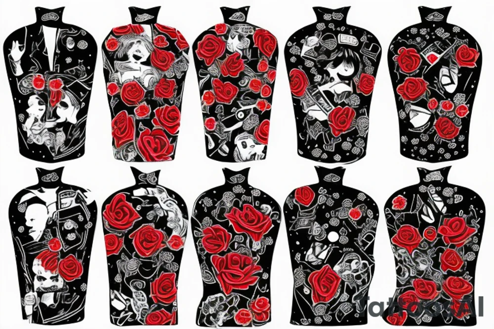 trash polka full sleeve + neck
black and red tattoo idea