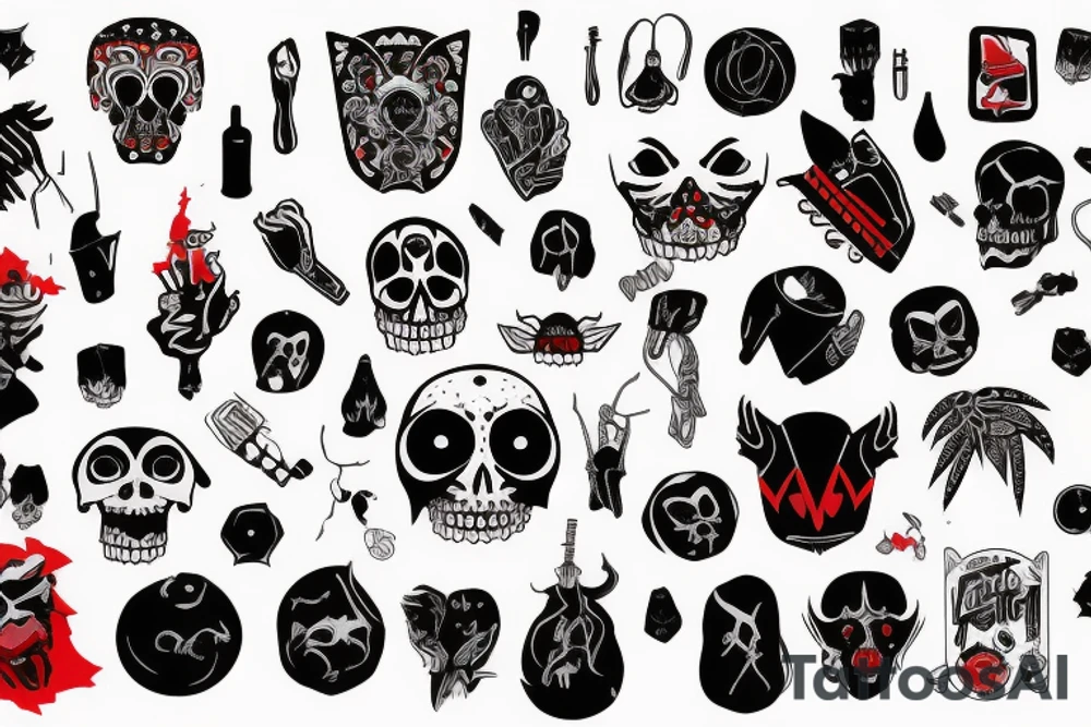 trash polka full sleeve + neck
black and red tattoo idea