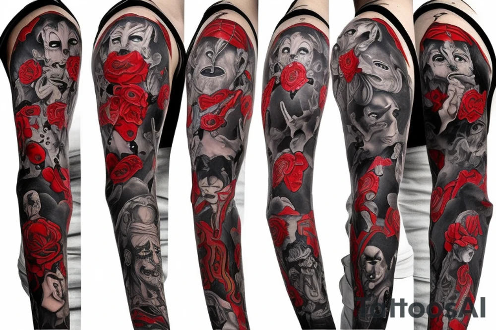 trash polka full sleeve + neck
black and red tattoo idea