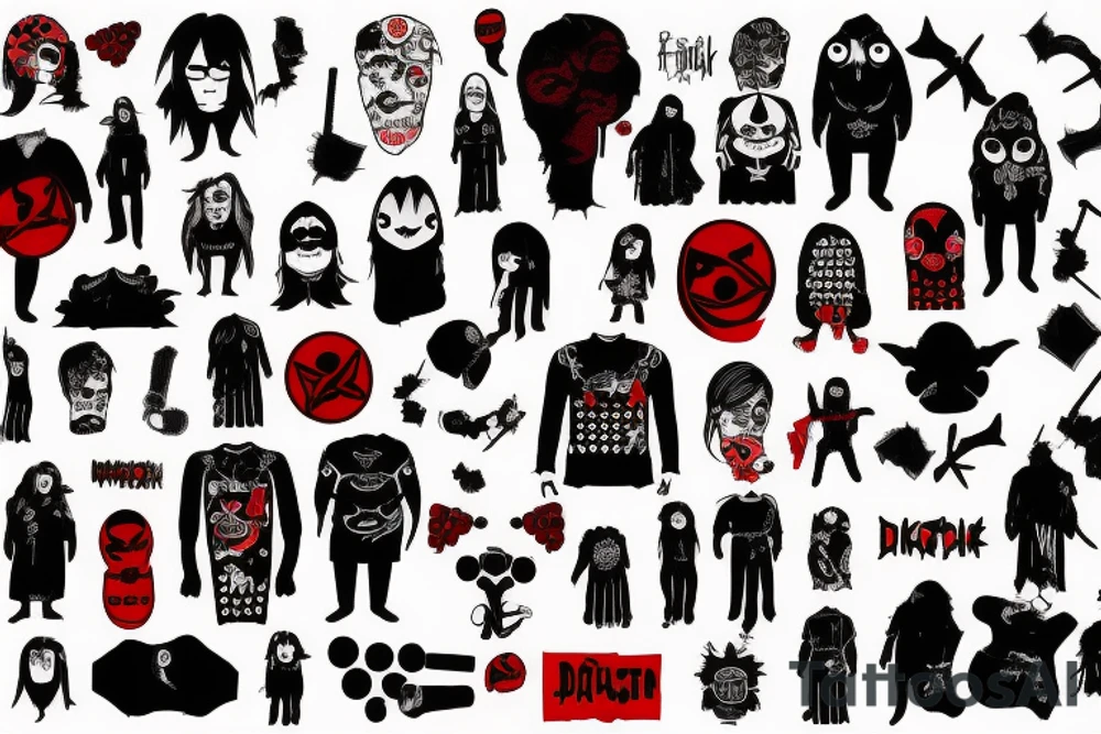 trash polka full sleeve + neck
black and red tattoo idea