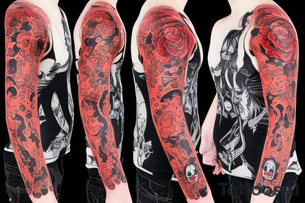 trash polka full sleeve + neck
black and red tattoo idea