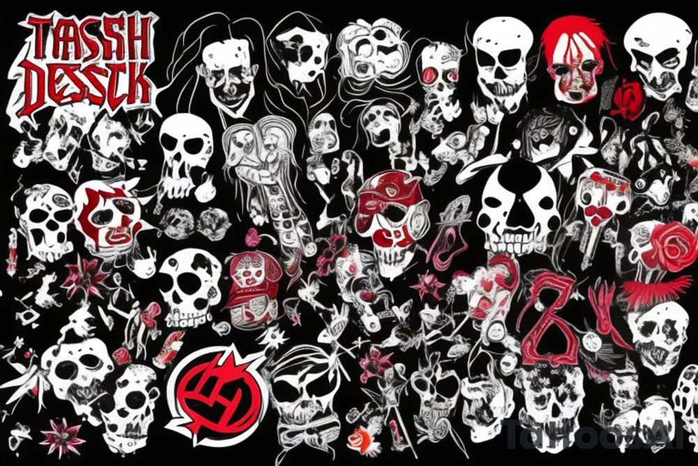 trash polka full sleeve + neck
black and red tattoo idea