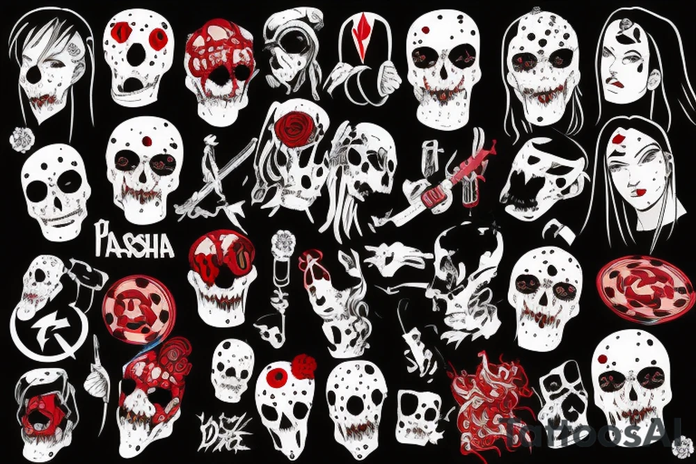 trash polka full sleeve + neck
black and red tattoo idea