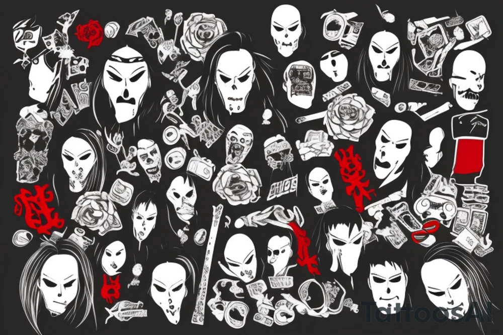trash polka full sleeve + neck
black and red tattoo idea